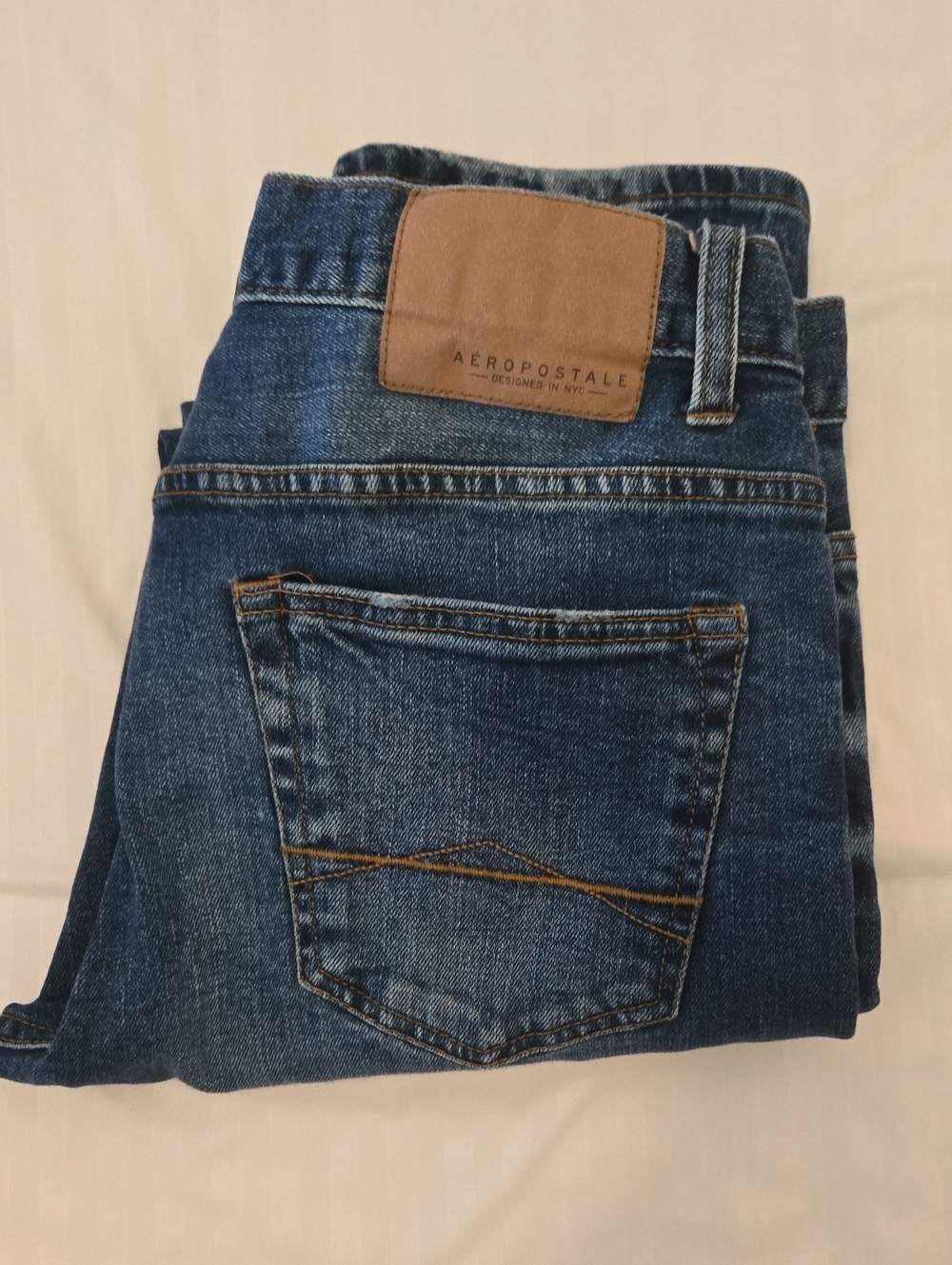 Aeropostale Men's Blue Slim Straight Jeans with Tan Patch